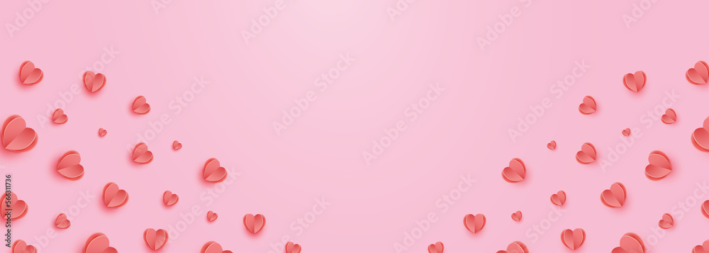 Valentine day banner with red hearts. Papert cut modern style. PNG image