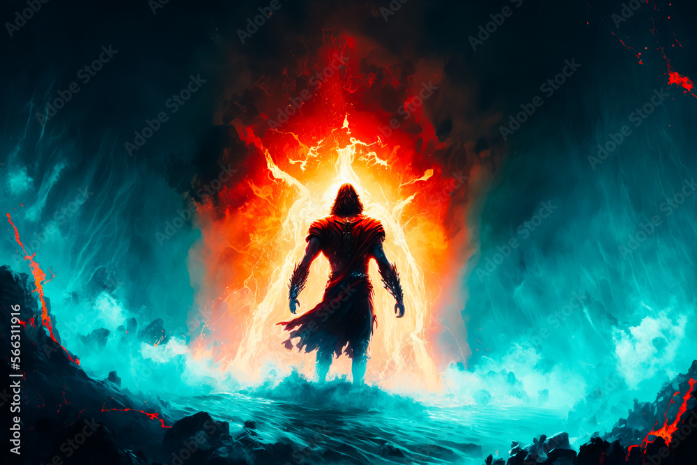 aqua Jesus descends to earth and prepares to fight the devil in fire and lava
