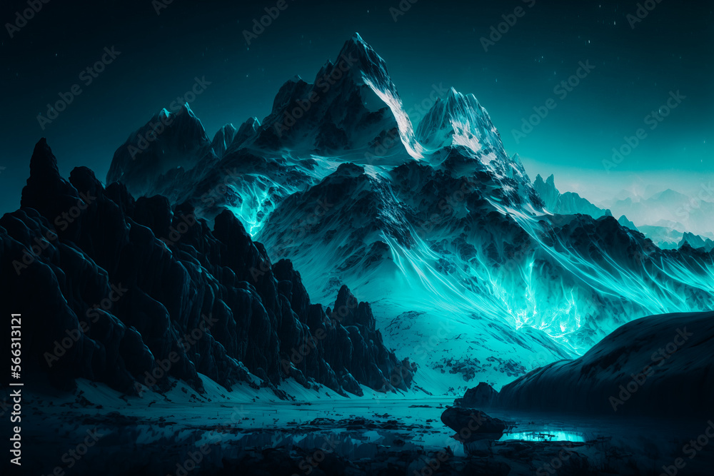 cyanluminescent mountains with white peaks, cinematic