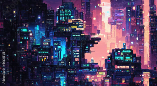 Cyberpunk neon city night. Futuristic city scene in a style of pixel art. 80's wallpaper. Retro future Generative AI illustration. Urban scene.