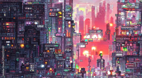 Cyberpunk neon city night. Futuristic city scene in a style of pixel art. 80's wallpaper. Retro future Generative AI illustration. Urban scene.