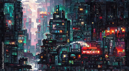 Cyberpunk neon city night. Futuristic city scene in a style of pixel art. 80 s wallpaper. Retro future Generative AI illustration. Urban scene.