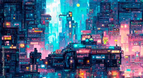 Cyberpunk neon city night. Futuristic city scene in a style of pixel art. 80's wallpaper. Retro future Generative AI illustration. Urban scene.