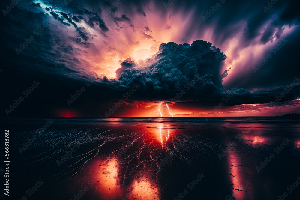 Fototapeta premium Ethereal Bioluminescent Storm Clouds over a Violent Sea at Sunset
