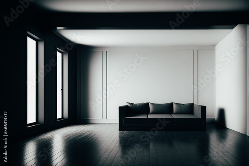 empty white big room degradade with a black sofa