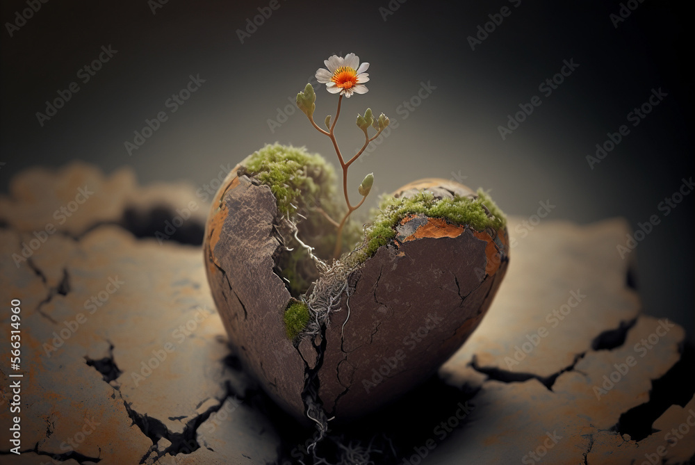 Broken cracked heart with a delicate flower growing out of it. Beauty and healing from heartbreak concept. Created with generative AI technology. - obrazy, fototapety, plakaty 