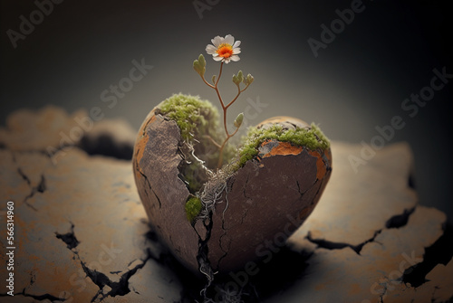 Broken cracked heart with a delicate flower growing out of it. Beauty and healing from heartbreak concept. Created with generative AI technology. photo