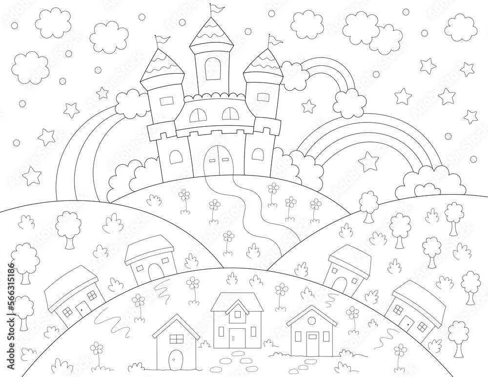 castle, rainbows and mountains coloring page. you can print it on 8.5x11 inch paper Stock