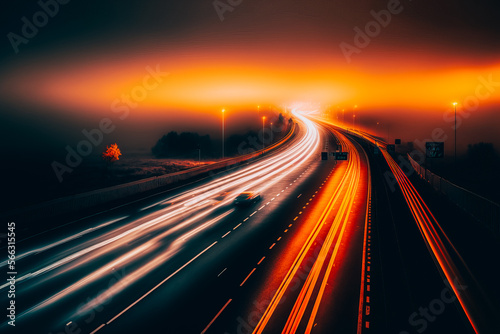long exposure of motorway on a misty night