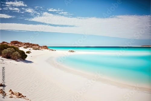  a sandy beach with blue water and a blue sky in the background and a few clouds in the sky over the water and sand on the beach.  generative ai photo