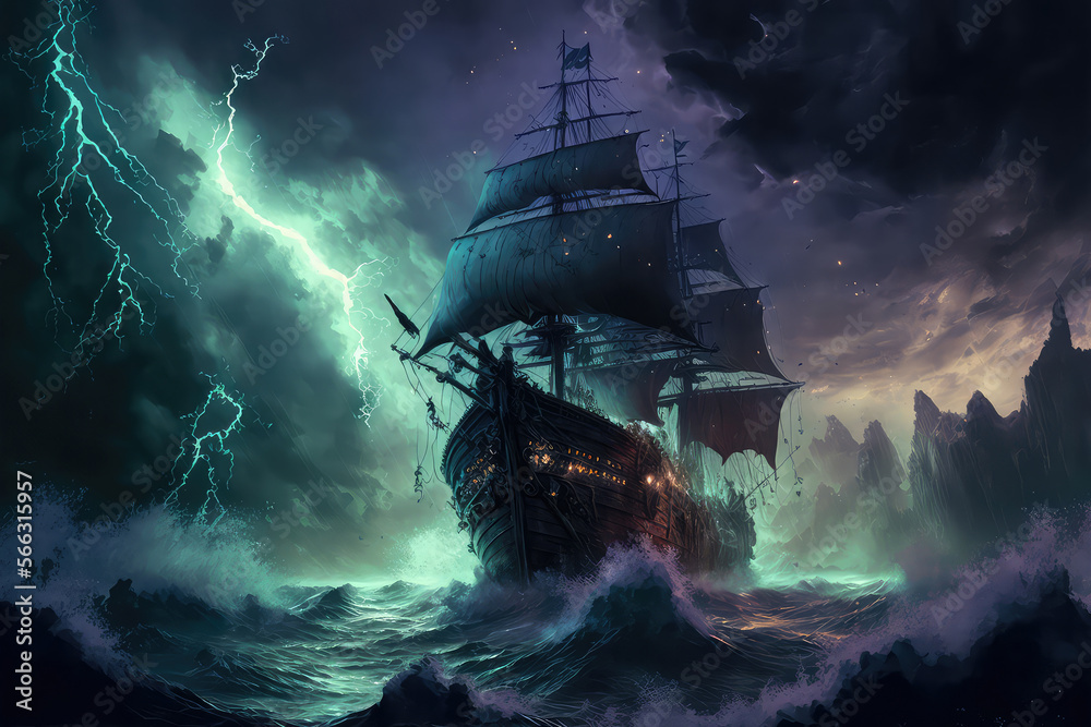 Pirate ship navigating during a storm. Thunder, rain big waves on the ...