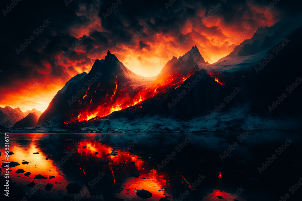 norway mountains as background, ethereal, landscape, haunted, dark fantasy, at sunset with fiery embers