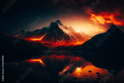 norway mountains as background, ethereal, landscape, haunted, dark fantasy, at sunset with fiery embers