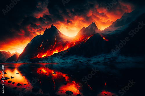 norway mountains as background, ethereal, landscape, haunted, dark fantasy, at sunset with fiery embers