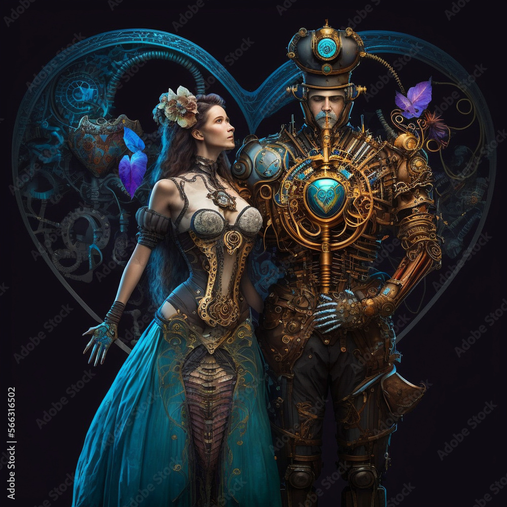 Valentine's Day day digital art.  Couple in love, Steampunk style, AI Generated