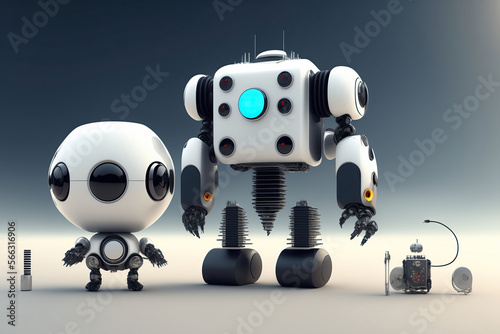 Deux jolis petits robots blancs en forme de cube et de boule- generative AI photo