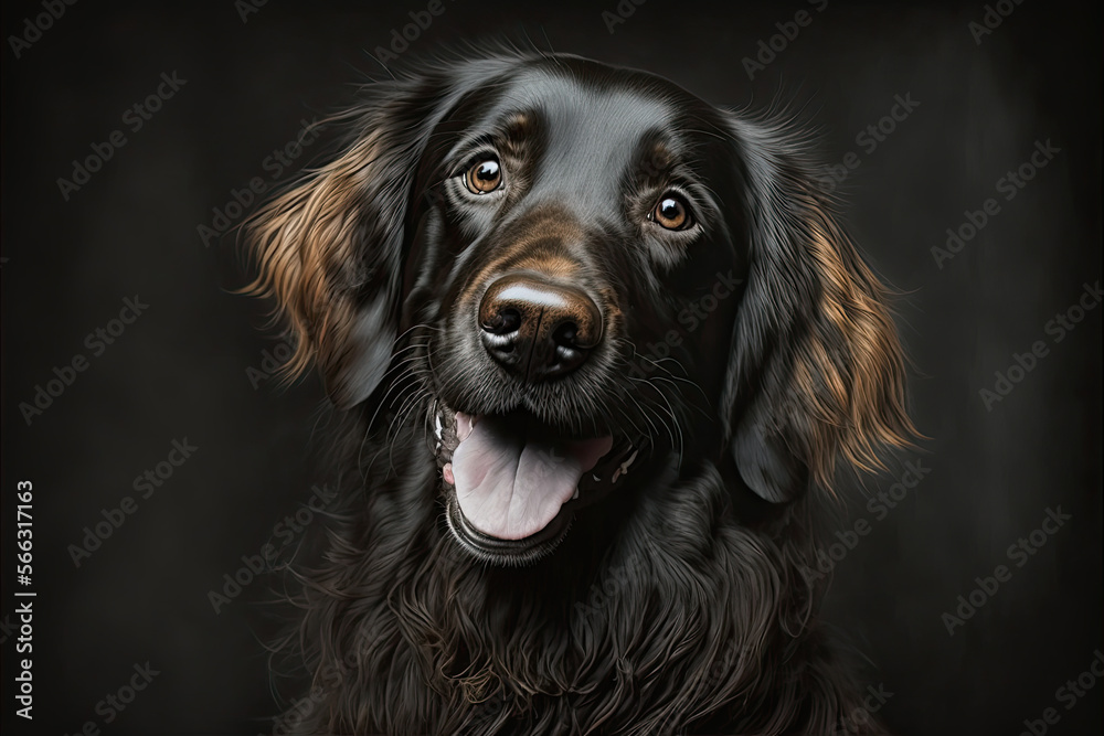 portrait of smiling black dog with long hair and black background. Ai generative