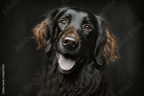 portrait of smiling black dog with long hair and black background. Ai generative