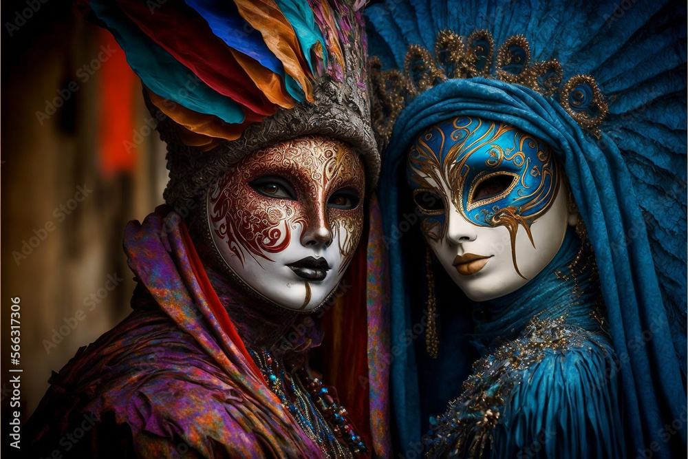 People wearing Carnival Venice beautiful colorful Mask, Italy Generative AI