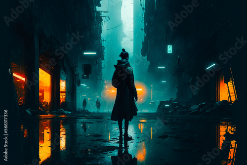 The image is dark and atmospheric, with a cyberpunk and grunge aesthetic, creating a sense of unease and alienation