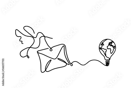 Abstract paper envelope with bird and light bulbas line drawing on white background
