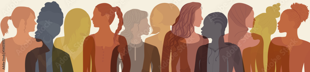 Communication group of multicultural diversity women and girls - face silhouette. Women day. Female social network community of diverse culture. Racial equality. Colleagues. Empowerment