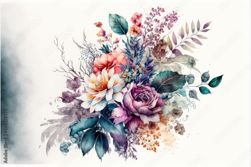 Flowers colourful watercolor on white background. Generative AI.