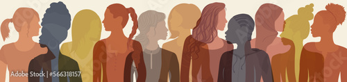 Communication group of multicultural diversity women and girls - face silhouette. Women day. Female social network community of diverse culture. Racial equality. Colleagues. Empowerment