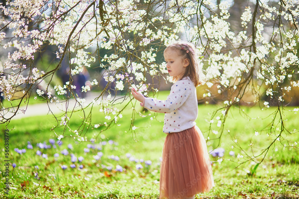 Adorable little girl enjoying nice and sunny spring day near apple tree in full bloom Adorable little girl enjoying nice and sunny spring day near apple tree in full bloom
