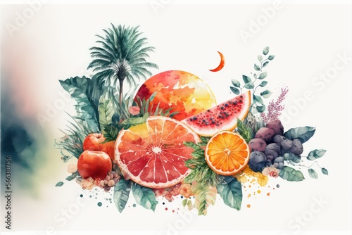 Tropical fruits watercolor on white background. Generative AI.