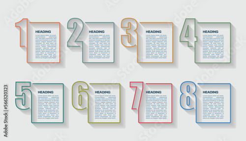 infographic design with a thin line. 8 options or steps with business font and long shadow, realistic board effect with spaces for heading and body text