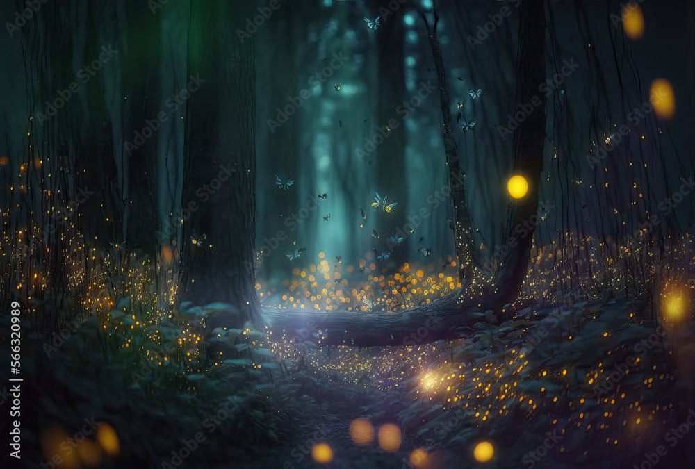 Obraz premium 蛍が飛ぶ神秘の森, Generative AI