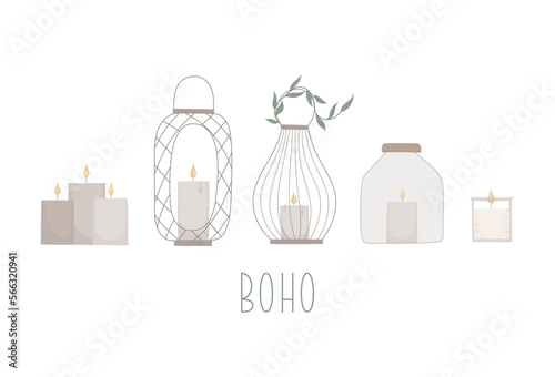 Set of cozy lanterns with candle vector illustration. Beige boho hand drawn lamps