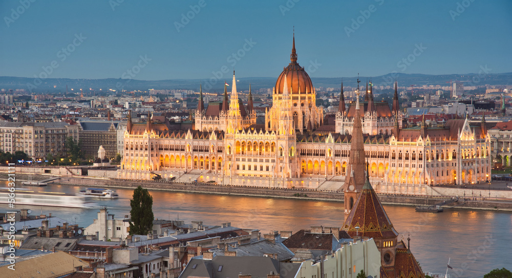 Panoramic view of Hungarian Parliament and Danube at twilight in Budapest