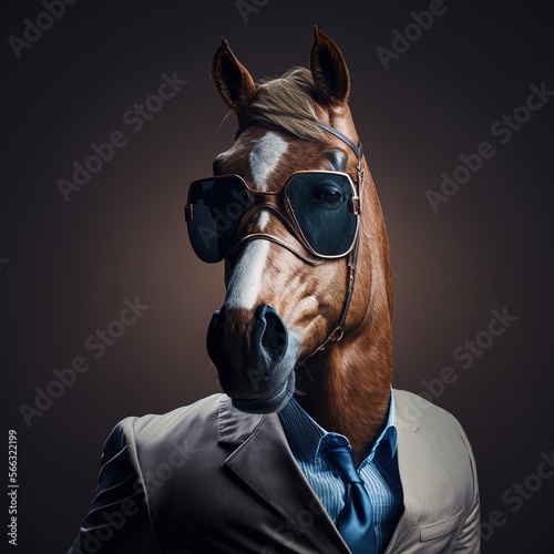 Illustration of horse photography in a suit as mascot character generative ai