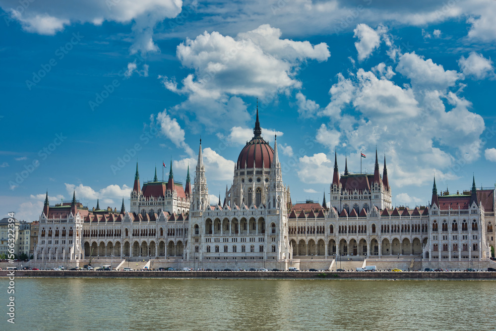 Day view of Hungarian Parliament from the Danube in Budapest