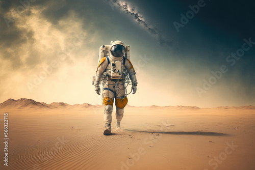 Astronaut Standing On A Deserted Land Exploring New Worlds. Futuristic concept. Generative AI