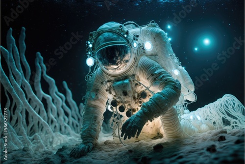 Astronaut Standing On A Deserted Land Exploring New Worlds. Futuristic concept. Generative AI