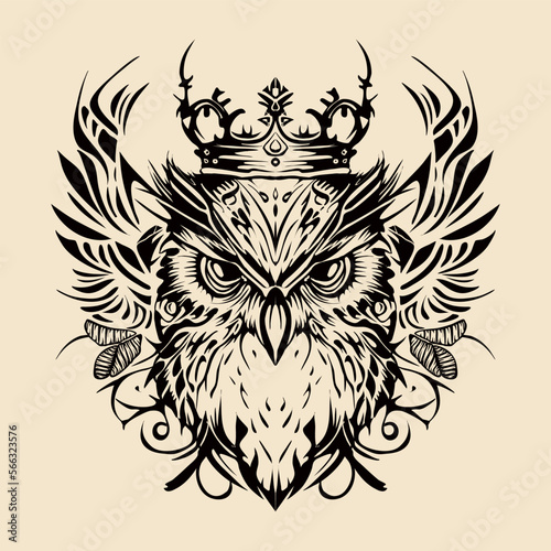Owl head with crown Hand Drawn tribal Illustration
