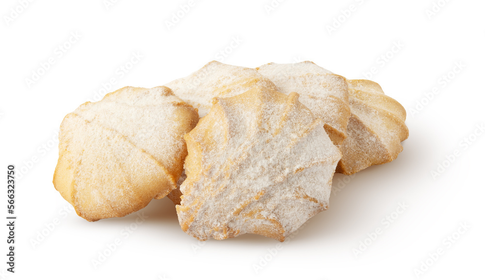 Fresh cookies. Bunch of cookies with powdered sugar isolated on white background with clipping path Fresh cookies. Bunch of cookies with powdered sugar isolated on white background with clipping path