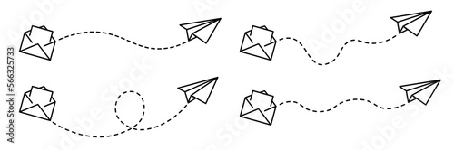 Mail and paper plane with dotted line. Letter sent by email. Newsletter