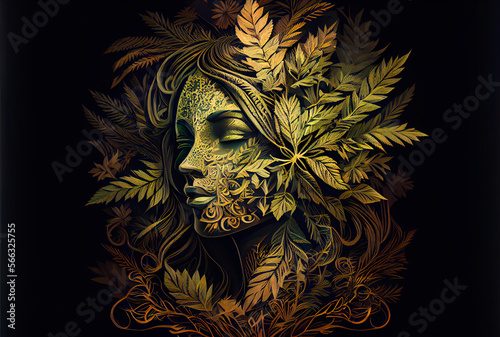 Generative AI illustration of a beautiful Woman Surrounded by Marijuana Leaves