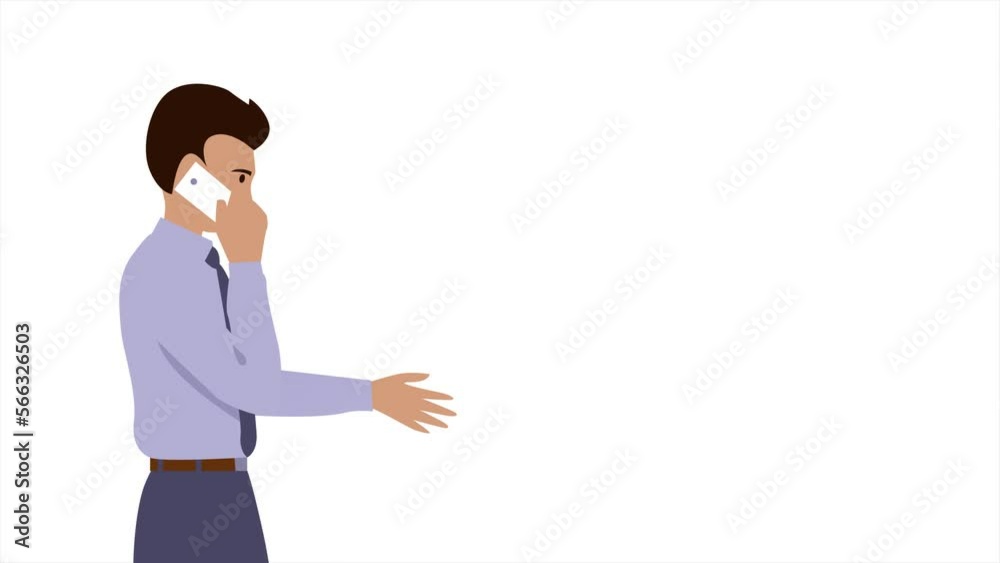 Young businessman is discussing business on the phone. Male boss. Flat illustration isolated on a white background. Video motion animation Young businessman is discussing business on the phone. Male boss. Flat illustration isolated on a white background. Video motion animation