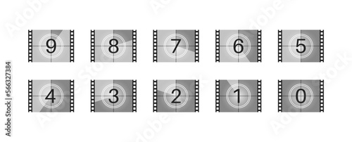 Retro countdown frame set. Movie countdown frames with numbers from 9 to 0. Vector EPS 10