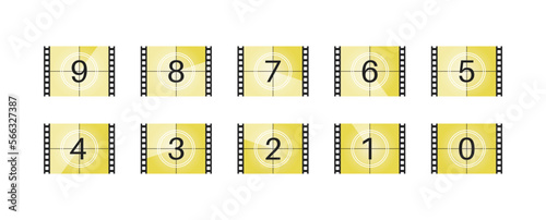 Retro countdown frame set. Movie countdown frames with numbers from 9 to 0. Vector EPS 10