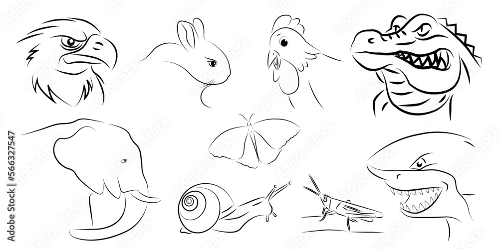 set of wild animals. line art. outline.
