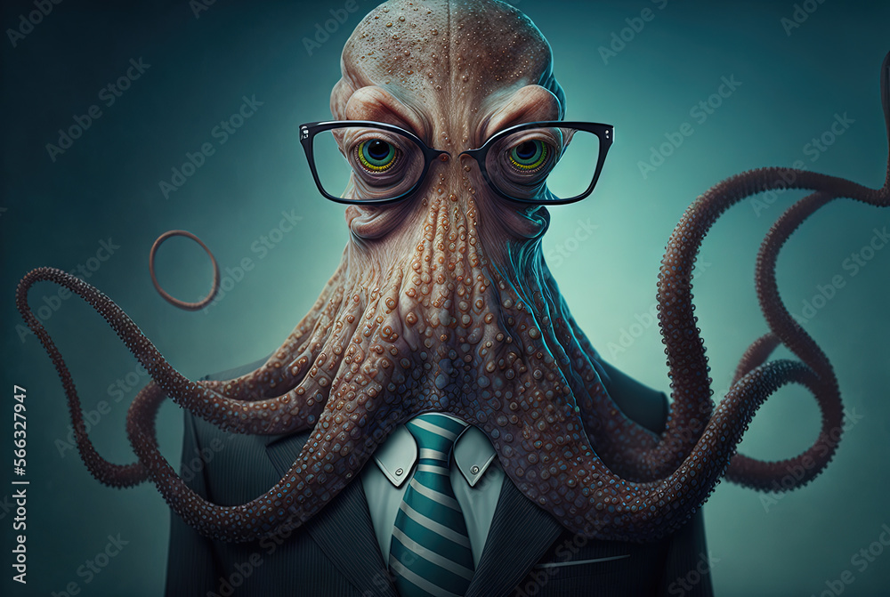 Portrait of an octopus with glasses dressed in a formal business suit ...
