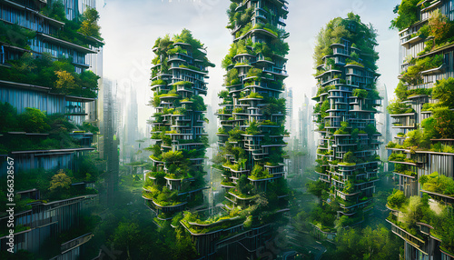 Modern architecture, covered with moss and plants.. Generative AI photo