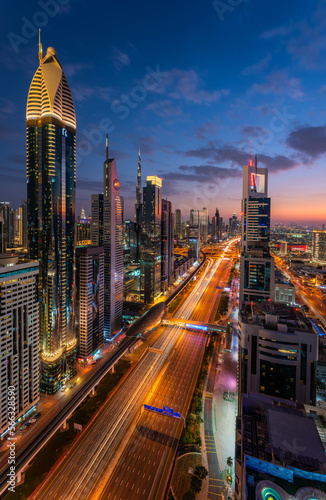 Views across Sheikh Zayed Road in from Level 43 at the Sheraton Four Points in Dubai during Blue Hour