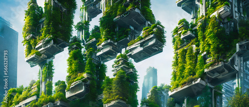 Modern architecture, covered with moss and plants.. Generative AI photo